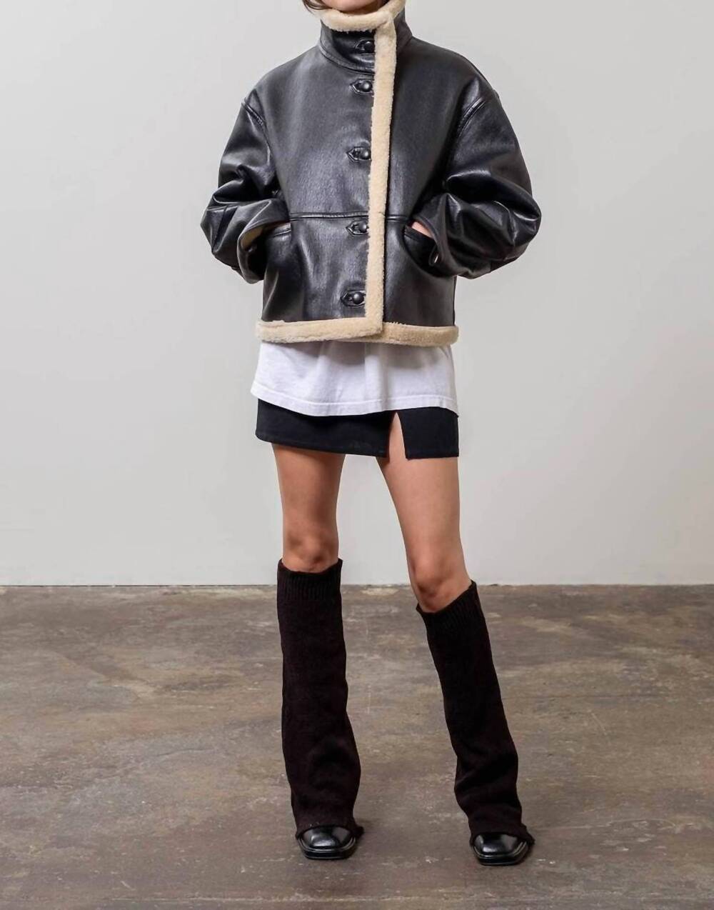 NEW MOON RIVER women's faux leather shearling button jacket in black